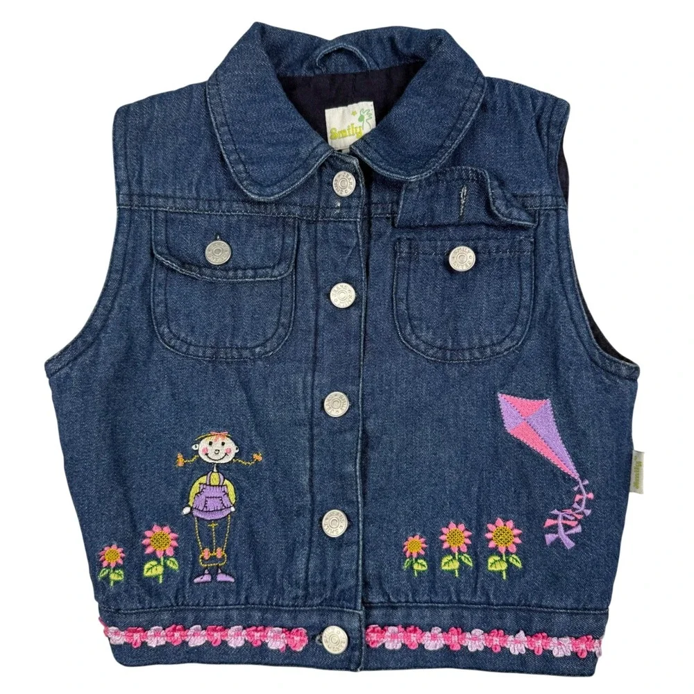 Smily Vintage Girls‎ Denim Vest Embroidered Flowers Kite Blue Size 86